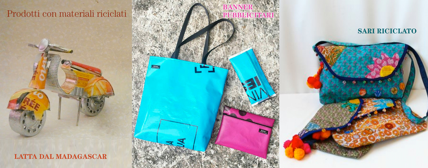 prodotti in materiali riciclati in vendita nella bottega